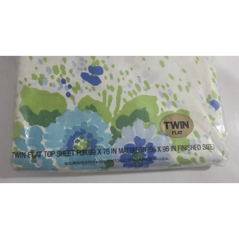 Edgemont Blue Green Floral Twin Flat Sheet  Vintage Unopened